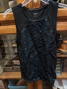 LOFT Black Lace Tank with Teal Underlayer